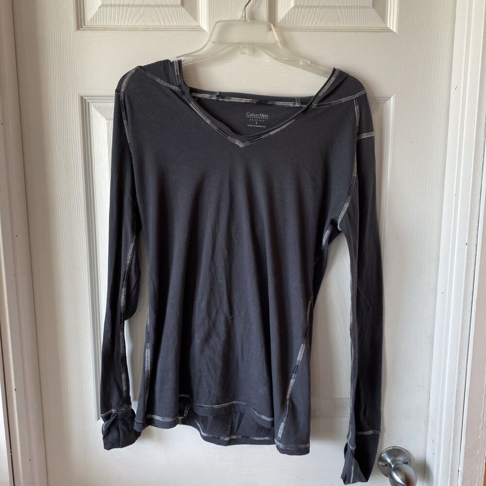 Calvin Klein Women’s Long Sleeve Hooded Shirt Grey V Neck Performance Quick Dry